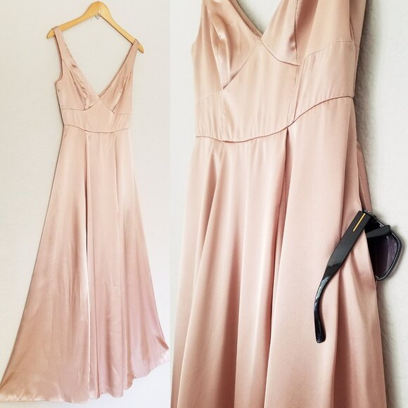 Galina Signature David’s Bridal Charmeuse Tank VNeck Gown Dress Slit Sand 2 $200 - Picture 9 of 14